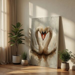 SAF Romantic White Swans Heart Canvas Wall Art Abstract Love Bird Oil Painting Print Textured Neutral Grey Decor for Bedroom Living Room Anniversary Gift