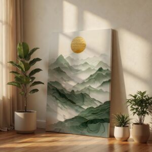 Abstract Green Mountain & Gold Sun Landscape Canvas Wall Art Print
