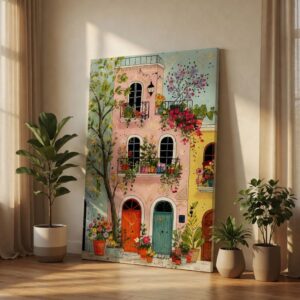 Colorful Whimsical Pink House Floral Balcony Canvas Wall Art