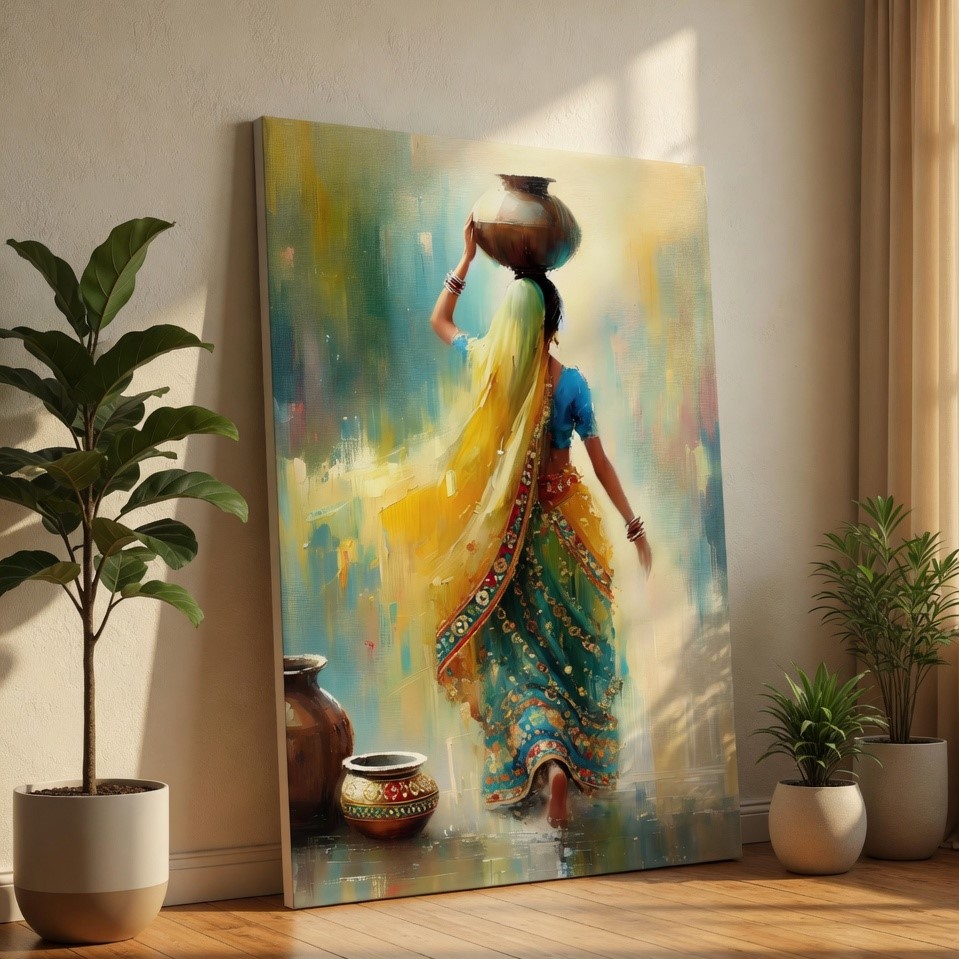 SAF Abstract Indian Woman with Pot Canvas Wall Art Traditional Rural Village Painting Print Textured Ethnic Decor for Living Room Bedroom Office Vibrant Yellow Blue