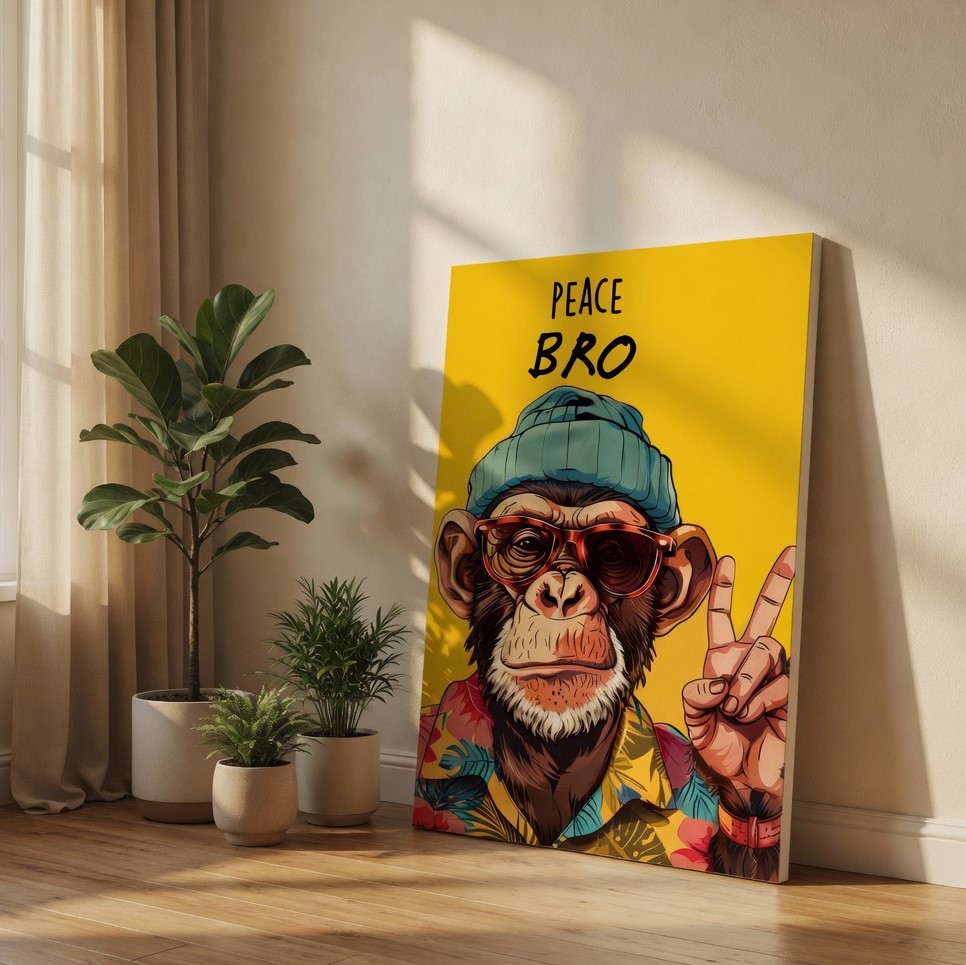 SAF Funny Monkey Peace Bro Canvas Wall Art Cool Chimp Pop Art Poster with Sunglasses Bright Yellow Quirky Urban Decor for Living Room Bedroom Boys Room Dorm Office