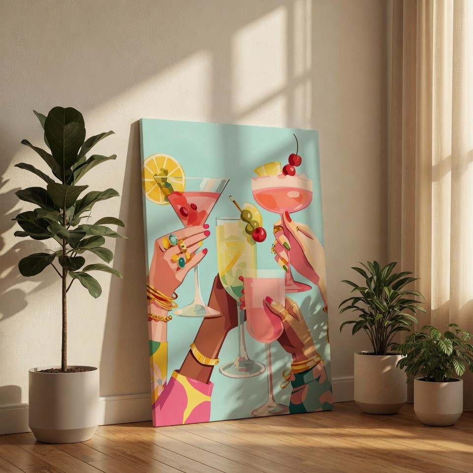 SAF Colorful Cocktail Cheers Canvas Wall Art Modern Pop Art Girls Night Drinks Painting Print Vibrant Bar Cart Decor for Kitchen Dining Room Living Area