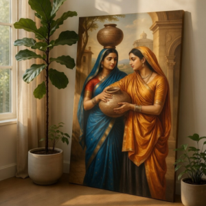 Rajasthani Women Canvas Wall Art Traditional Village Painting Decor