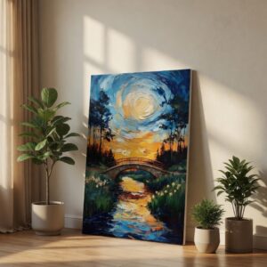SAF Textured Impressionist Landscape Canvas Wall Art Swirling Sky Arched Bridge River Oil Painting Print Modern Nature Decor for Living Room Bedroom Office