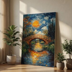 Impressionist Bridge & Swirling Sky Landscape Canvas Wall Art