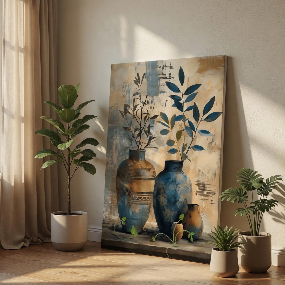 SAF Abstract Blue and Beige Vase Canvas Wall Art Rustic Still Life Botanical Painting Print Boho Floral Decor for Living Room Bedroom Office Contemporary Poster