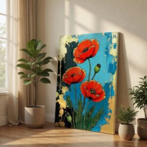 Vibrant Red Poppy & Gold Splatter Abstract Floral Canvas Wall Art
