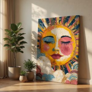 SAF Vibrant Sleeping Sun Face Canvas Wall Art Whimsical Celestial Boho Painting Print Textured Impasto Oil Decor for Nursery Bedroom Living Room Poster