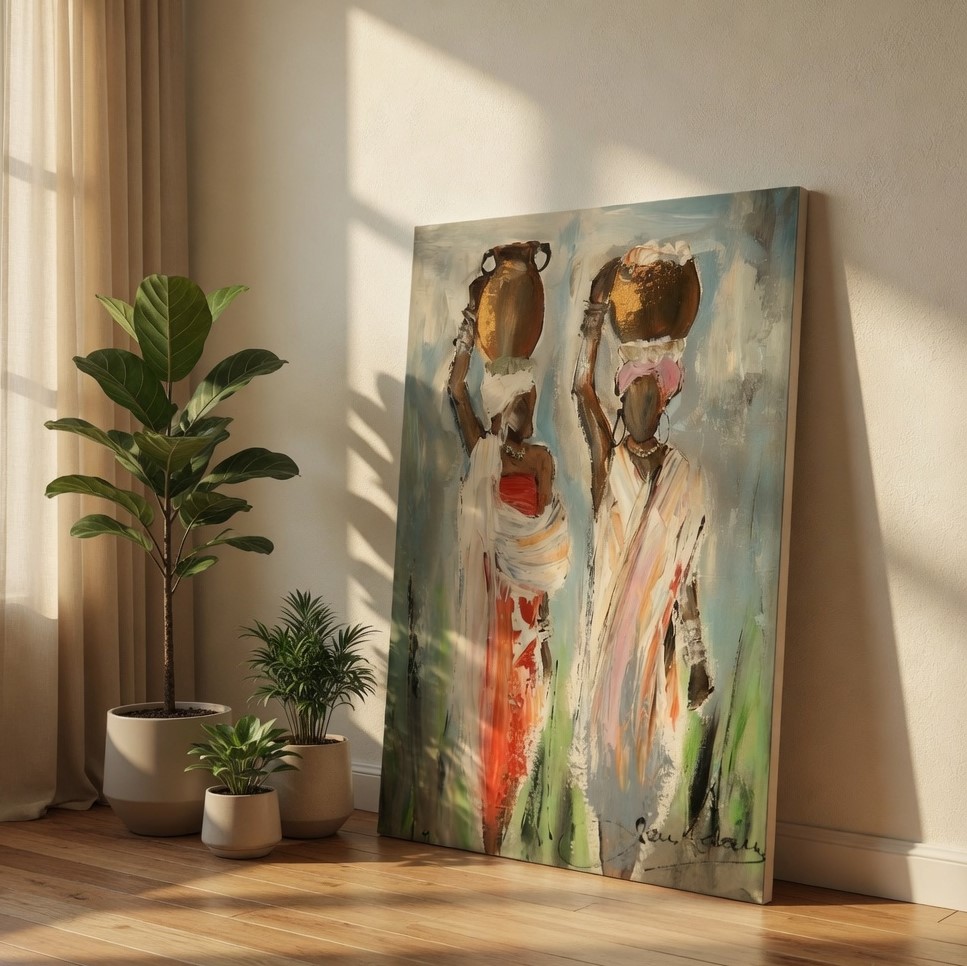 SAF Abstract Indian Village Women Carrying Pots Canvas Wall Art Traditional Rural Folk Painting Print Textured Oil Style Ethnic Decor for Living Room Bedroom Office