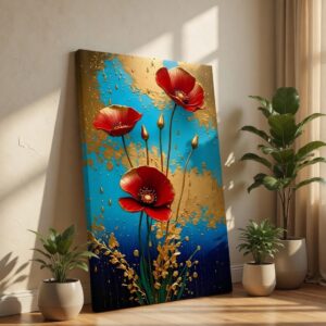 Red Poppy & 3D Gold Splatter Abstract Floral Canvas Wall Art Print