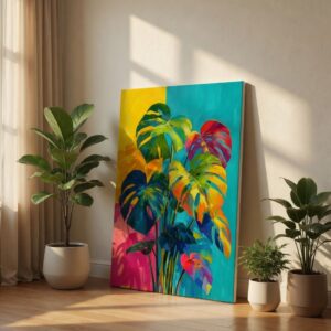 Vibrant Abstract Monstera Leaves Tropical Pop Art Canvas Wall Art