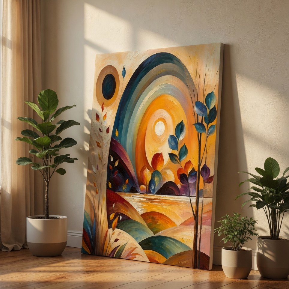SAF Textured Abstract Landscape Canvas Wall Art Boho Sun and Moon Oil Painting Print Mid Century Modern Botanical Wall Decor for Living Room Bedroom Office