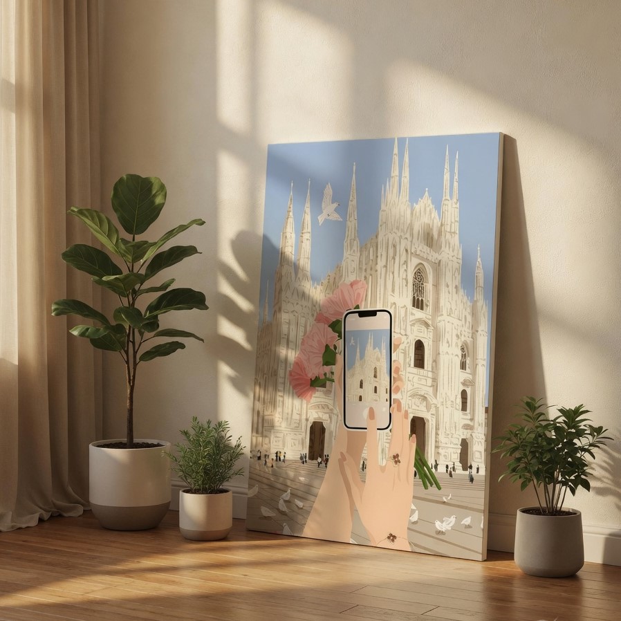 SAF Modern Milan Cathedral Travel Canvas Wall Art Chic Italy Cityscape Illustration Print Trendy Pink Floral Photography Decor for Living Room Bedroom Dorm Aesthetic Poster