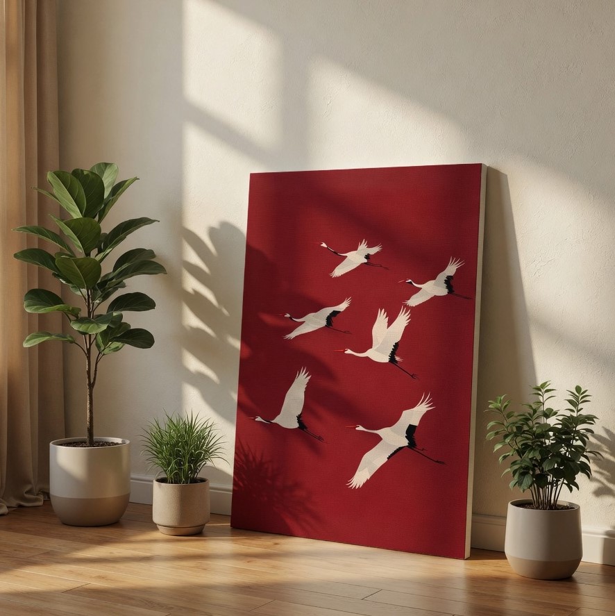 Japanese Flying Cranes Deep Red Minimalist Canvas Wall Art Print