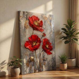 Textured Red Poppy & Gold Abstract Floral Canvas Wall Art Print