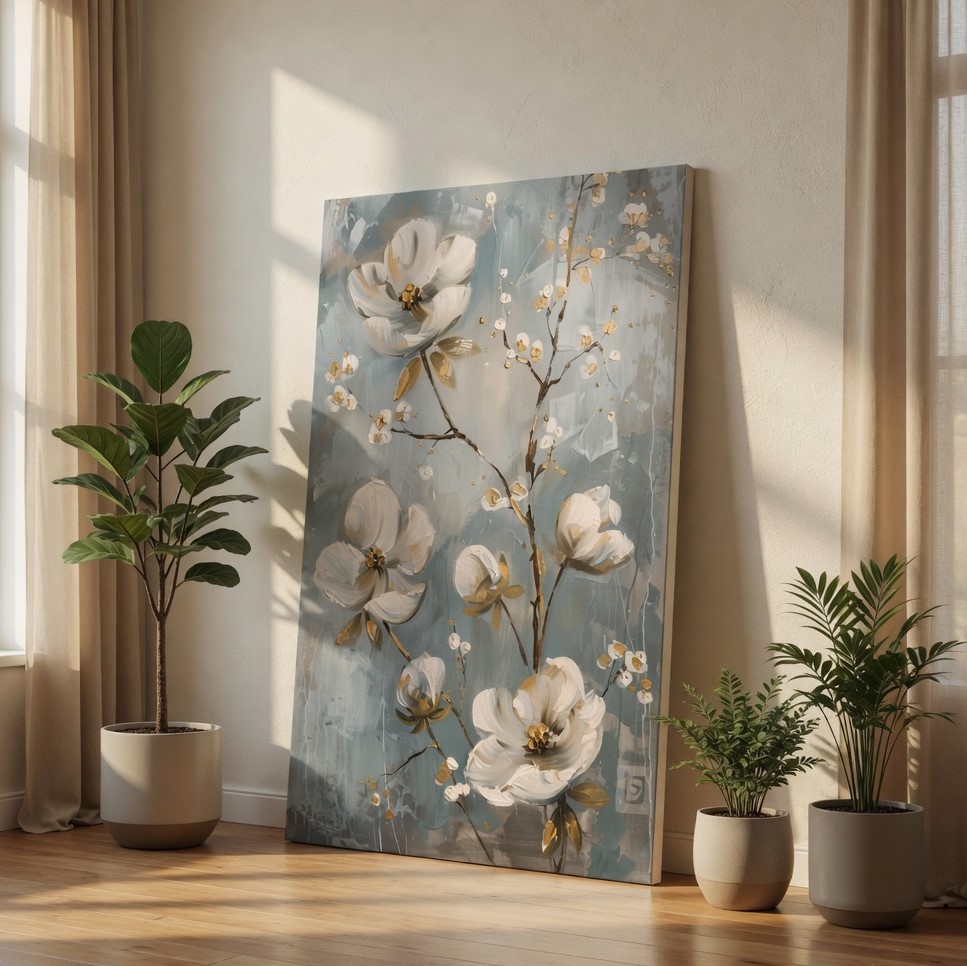 SAF Elegant White Magnolia Floral Canvas Wall Art 3D Textured Abstract Oil Painting Print Blue Grey Gold Decor for Living Room Bedroom Office Botanical Poster