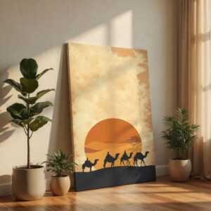 Minimalist Desert Sunset Camel Caravan Canvas Wall Art Print