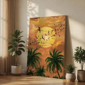 Vibrant Tropical Sunset Palm Trees Landscape Canvas Wall Art