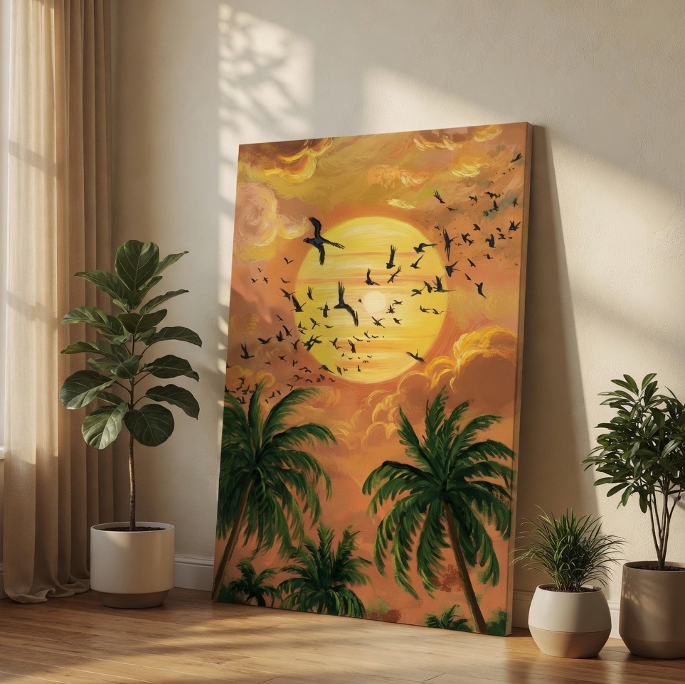 SAF Tropical Sunset Canvas Wall Art Palm Tree Landscape Painting Print Flying Birds Orange Sun Coastal Beach Decor for Living Room Bedroom Office Nature Poster