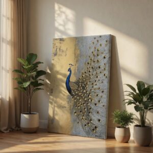 Majestic Gold & Blue Peacock Abstract Canvas Wall Art Print