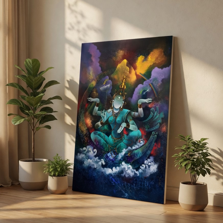 SAF Abstract Cosmic Hindu Deity Canvas Wall Art Spiritual Shiva Shakti Painting Print Vibrant Zen Decor for Puja Room Living Room Bedroom Meditation Space