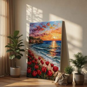 SAF Vibrant Sunset Coastal Landscape Canvas Wall Art Red Tulip Flowers Beach Ocean Oil Painting Print Textured Mediterranean Decor for Living Room Bedroom Office