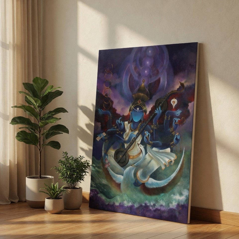SAF Abstract Cosmic Goddess Saraswati Canvas Wall Art Spiritual Hindu Deity Playing Veena Painting Print Modern Zen Puja Room Decor for Living Room Bedroom Office