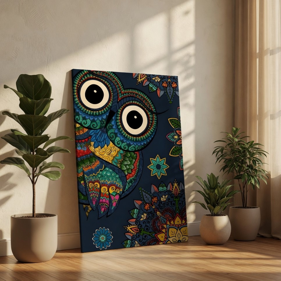 SAF Colorful Mandala Owl Canvas Wall Art Boho Abstract Animal Painting Print Intricate Floral Zentangle Decor for Kids Room Bedroom Living Area Vibrant Navy Blue Poster