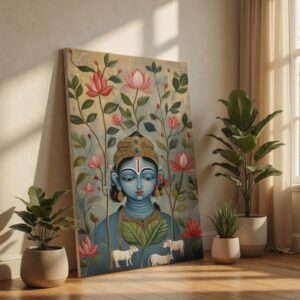 SAF Traditional Lord Krishna Pichwai Canvas Wall Art Blue Deity with Lotus and Cows Painting Print Vintage Hindu Religious Decor for Puja Room Living Area