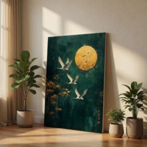 SAF Japanese Flying Cranes Canvas Wall Art Emerald Green and Gold Moon Textured Faux Oil Painting Print Asian Feng Shui Decor for Living Room Bedroom Office Elegant Animal Poster