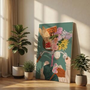 SAF Chic French Bicycle Canvas Wall Art Pastel Floral Bouquet Baguette Illustration Print Parisian Aesthetic Trendy Decor for Bedroom Dorm Kitchen Teen Girl Room Poster