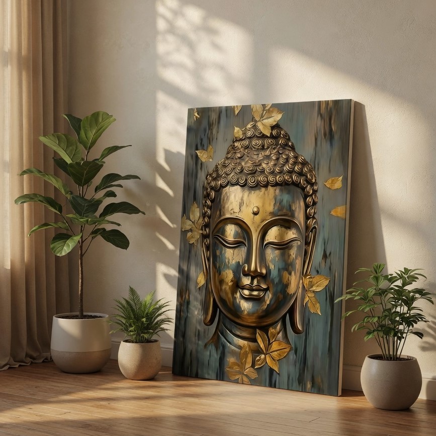 SAF Golden Lord Buddha Head Canvas Wall Art 3D Textured Abstract Painting Print Zen Spiritual Decor with Gold Leaves for Living Room Meditation Office Bedroom