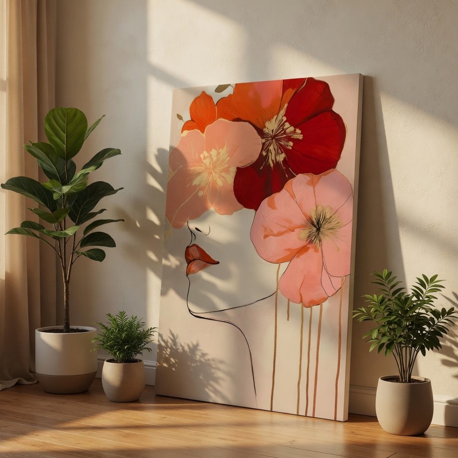 SAF Abstract Floral Woman Face Canvas Wall Art Boho Minimalist Line Art Portrait Painting Print Pink Red Flowers Modern Feminine Decor for Bedroom Living Room Dorm