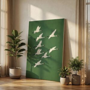Minimalist Japanese Flying Cranes Green Canvas Wall Art Print