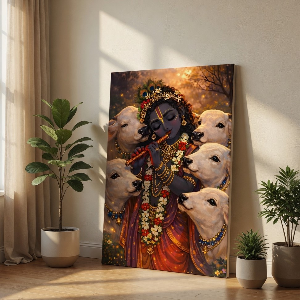 SAF Divine Lord Krishna Playing Flute with Cows Canvas Wall Art Spiritual Hindu Deity Painting Print for Puja Room Living Room Bedroom Religious Home Decor