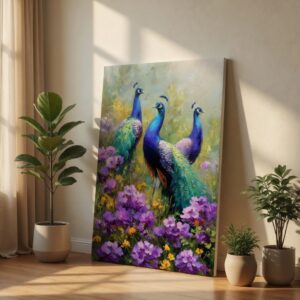 Elegant Peacock & Purple Flowers Textured Canvas Wall Art