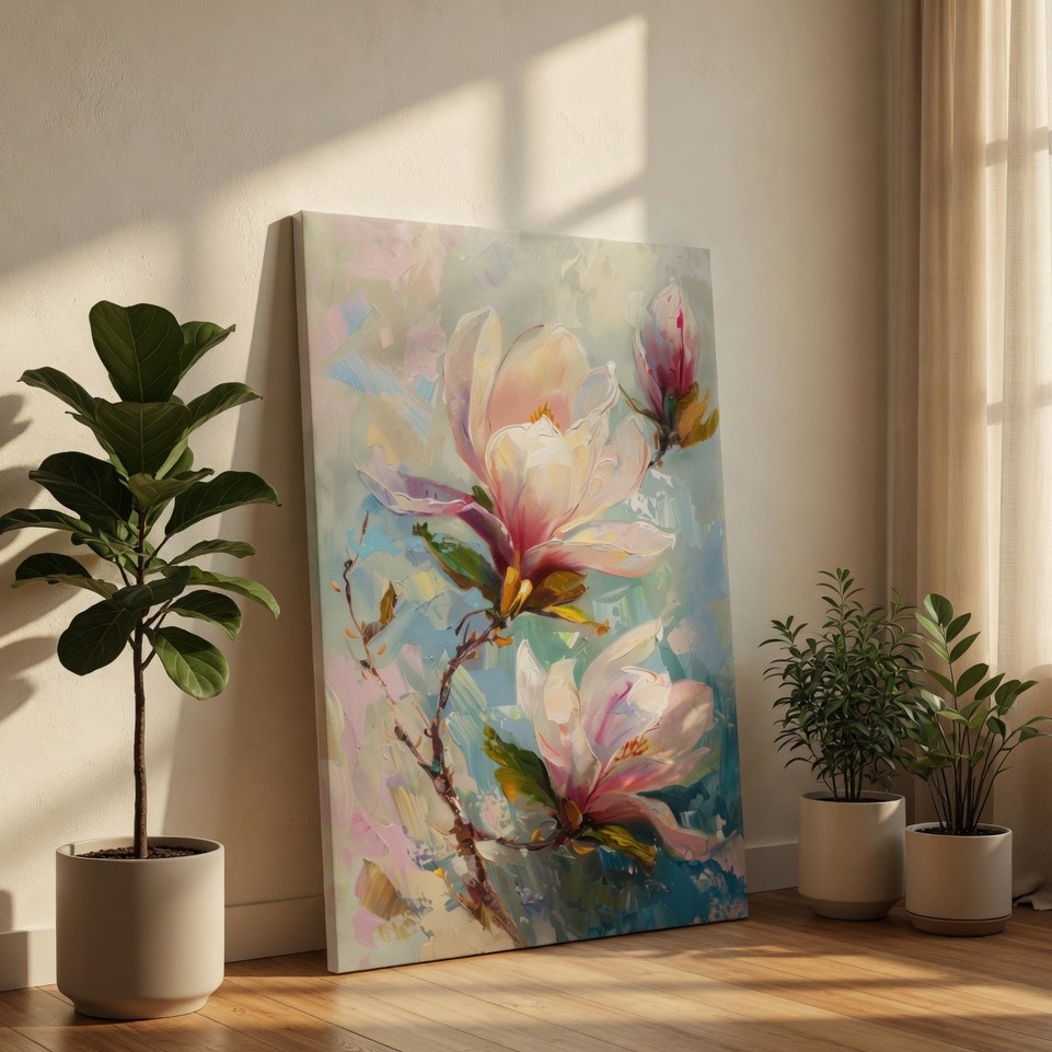 SAF Elegant Magnolia Flower Canvas Wall Art 3D Textured Abstract Floral Oil Painting Print Soft Pink Botanical Decor for Living Room Bedroom Large Modern Nature Scenery Poster