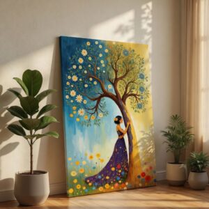 SAF Enchanting Woman and Flowering Tree Canvas Wall Art Surreal Nature Landscape Painting Print Whimsical Blue and Gold Decor for Living Room Bedroom Large Aesthetic Poster