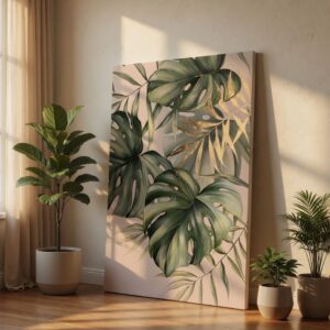 SAF Elegant Monstera Deliciosa Canvas Wall Art Modern Tropical Green Palm Leaves with Gold Accents Painting Print Botanical Decor for Living Room Bedroom Large Nature Poster