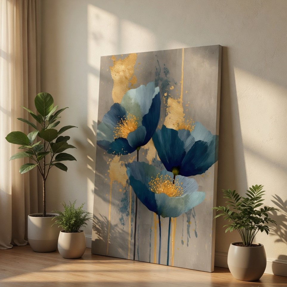 SAF Abstract Blue Poppy Canvas Wall Art Modern Floral Oil Painting Print Grey and Gold Textured Decor for Living Room Bedroom Large Botanical Flower Scenery Poster for Home