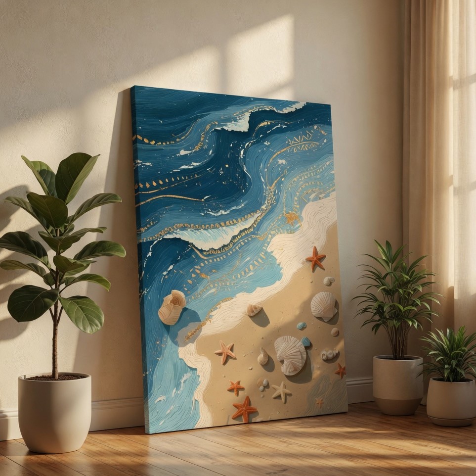 SAF 3D Textured Beach Canvas Wall Art Blue Ocean Waves with Starfish and Seashells Oil Painting Print Coastal Shoreline Decor for Living Room Bedroom Office Seaside Poster