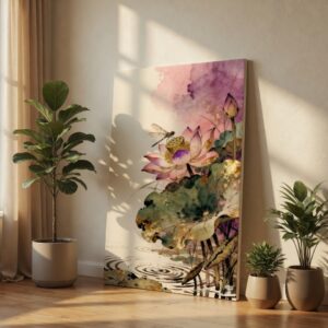 Elegant Dragonfly & Pink Lotus Watercolor Gold Accent Canvas Art