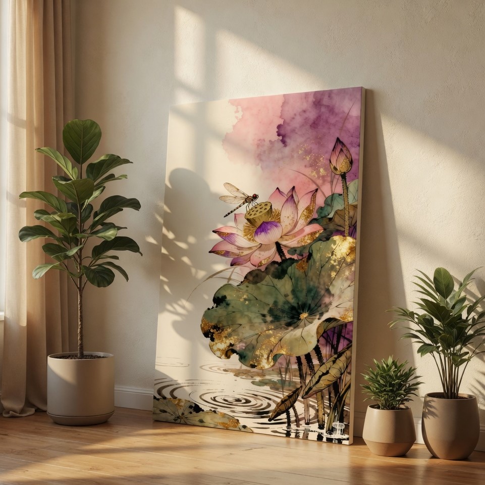 SAF Elegant Dragonfly and Lotus Flower Canvas Wall Art Pink Floral Watercolor Painting Print with Gold Accents Zen Botanical Decor for Living Room Bedroom Meditation Room Poster
