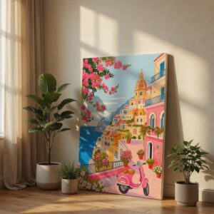 Amalfi Coast Italy Pink Scooter Landscape Canvas Wall Art Print