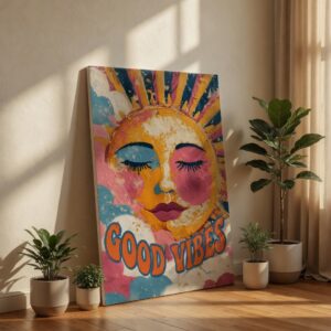 SAF Good Vibes Sun Canvas Wall Art Textured Abstract Celestial Face Painting Print Retro Boho Decor for Living Room Bedroom Colorful Positive Quote Poster Modern Home Artwork