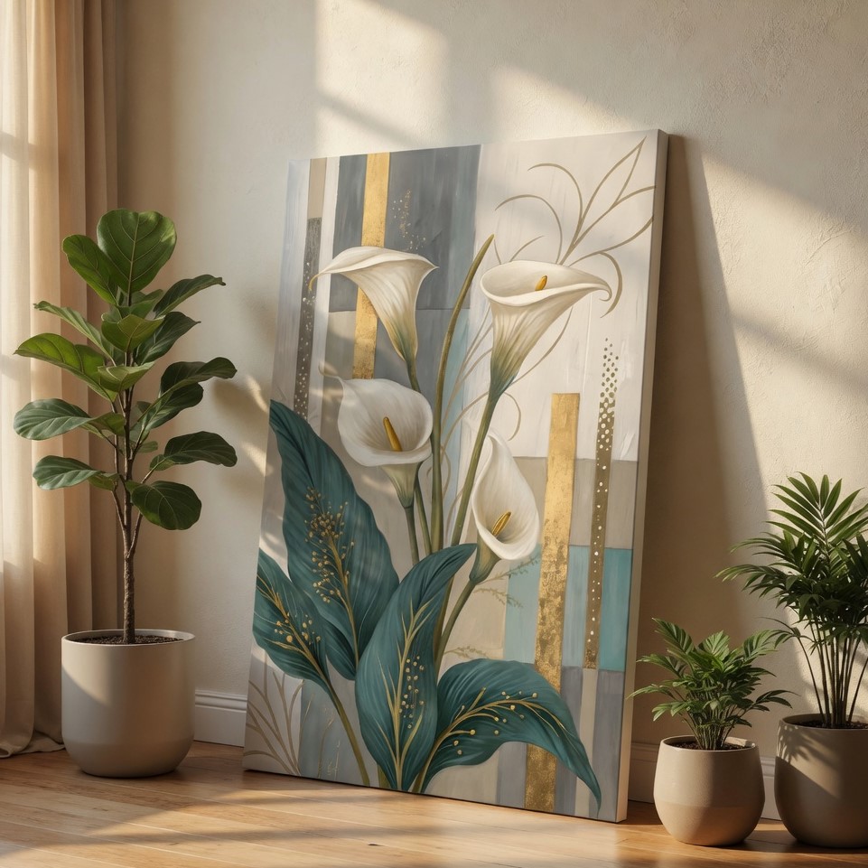 SAF Elegant White Calla Lily Canvas Wall Art Modern Abstract Floral Painting Print Teal and Gold Textured Decor for Living Room Bedroom Luxury Botanical Flower Scenery Poster