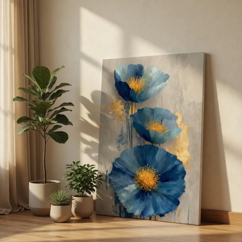 SAF Abstract Blue Poppy Canvas Wall Art Modern Floral Oil Painting Print Grey and Gold Textured Decor for Living Room Bedroom Large Botanical Flower Scenery Poster for Home