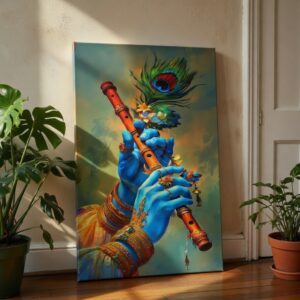 Krishna Flute Canvas Wall Art with Peacock Feather Wooden Frame Decor