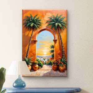 SAF Tropical Arch Landscape Canvas Wall Painting | Sunset Palm Tree Scenery Artwork HD Printed Canvas with Wooden Frame | Living Room Bedroom Aesthetic Home Decor Gift