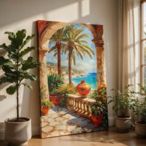 Mediterranean Sea View Canvas Wall Art Palm Tree Arch Landscape Decor